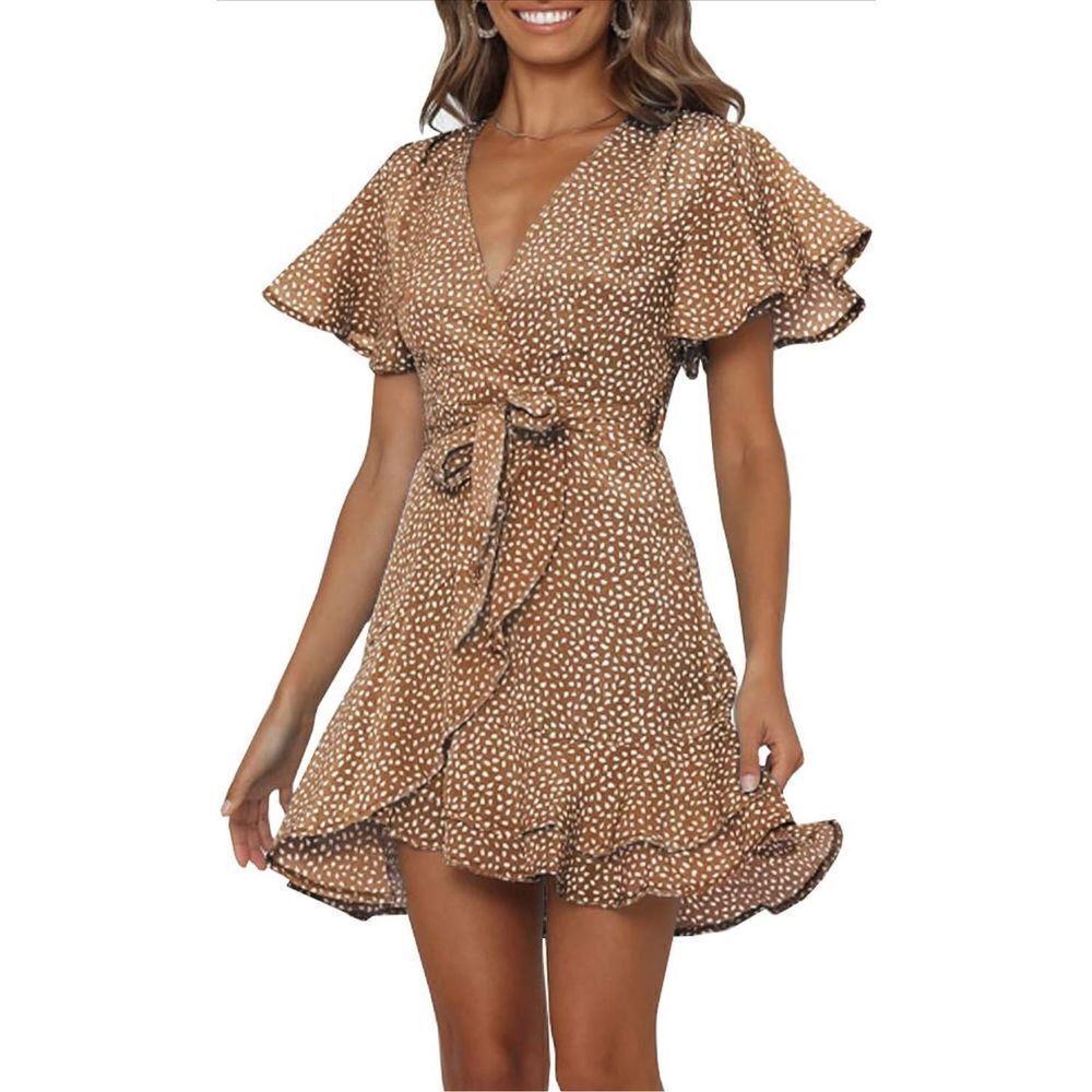 NEW Chuanqi Polka Dot Wrap V Neck Mini Dress Summer Beach Ruffles Hem Short Dres